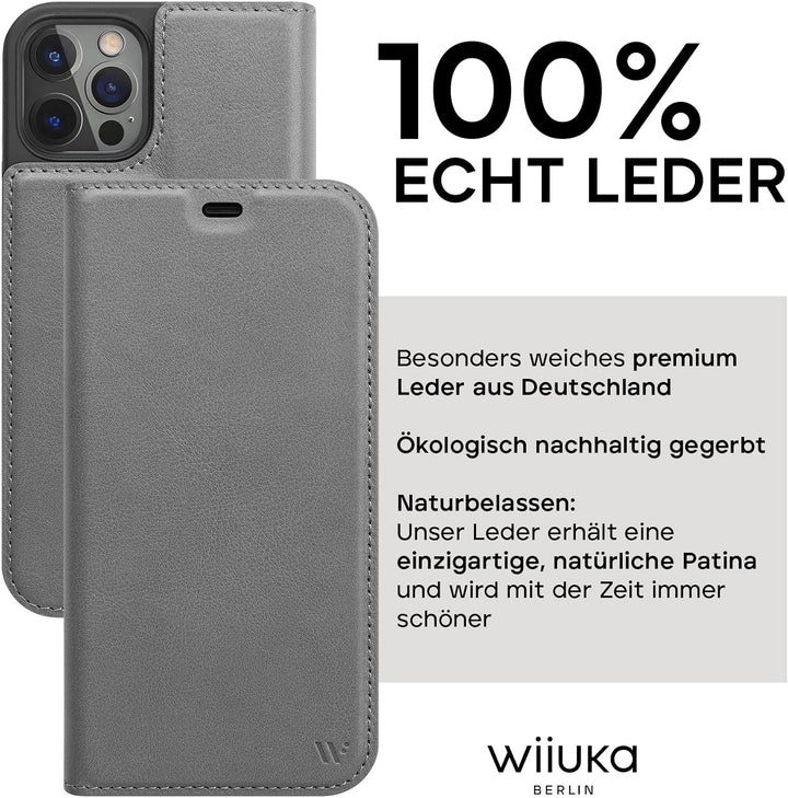 WIIUKA Hülle für iPhone 12 Pro Max Lederhülle, Deutsches Premium Leder, mit Kartenfach, extra Dünn,