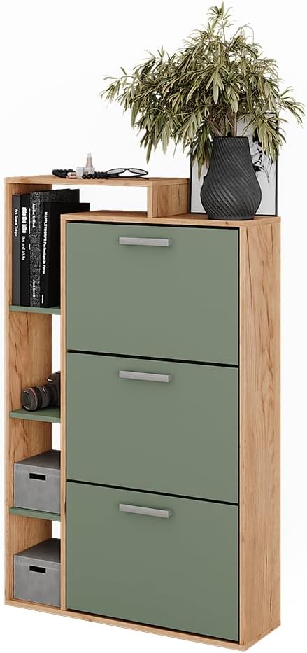Vicco Schuhkipper Orlando, Goldkraft Eiche/Grün, 80 x 128.3 cm mit 3 Fächern, Goldkraft Eiche/Gr