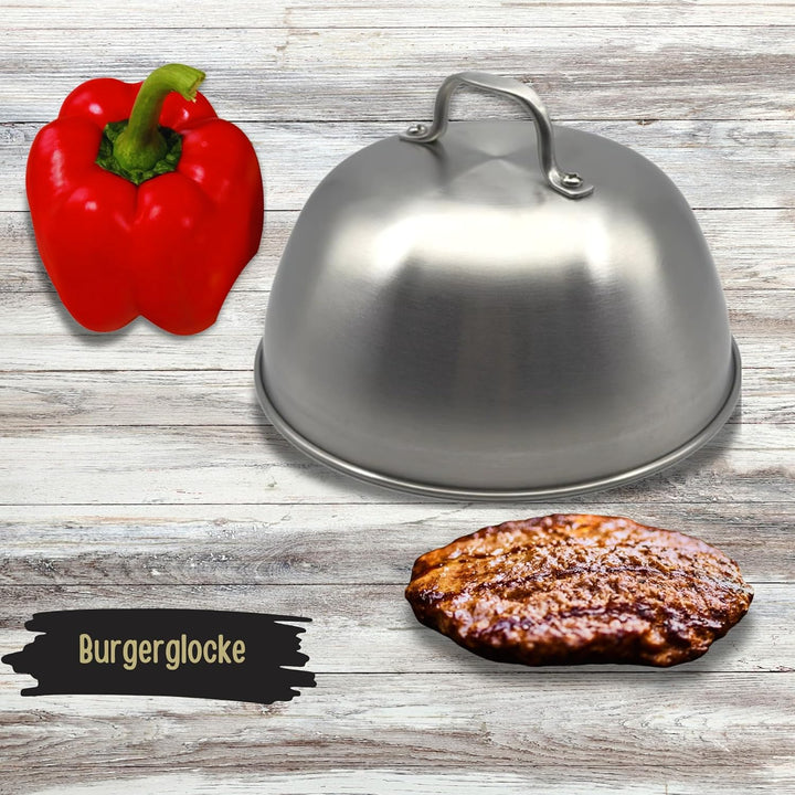 Smash Burgerpresse Edelstahl Set, Burgerpresse, Grillzange BBQ, Schmelzhaube Begiessdeckel, Burgerwe