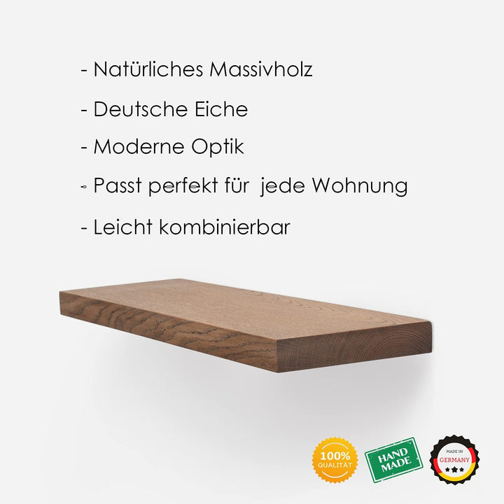 Rikmani Wandregal Holz Eiche massiv dunkel - Handgefertigtes Regal Bücherregal Holzregal Wandboard H