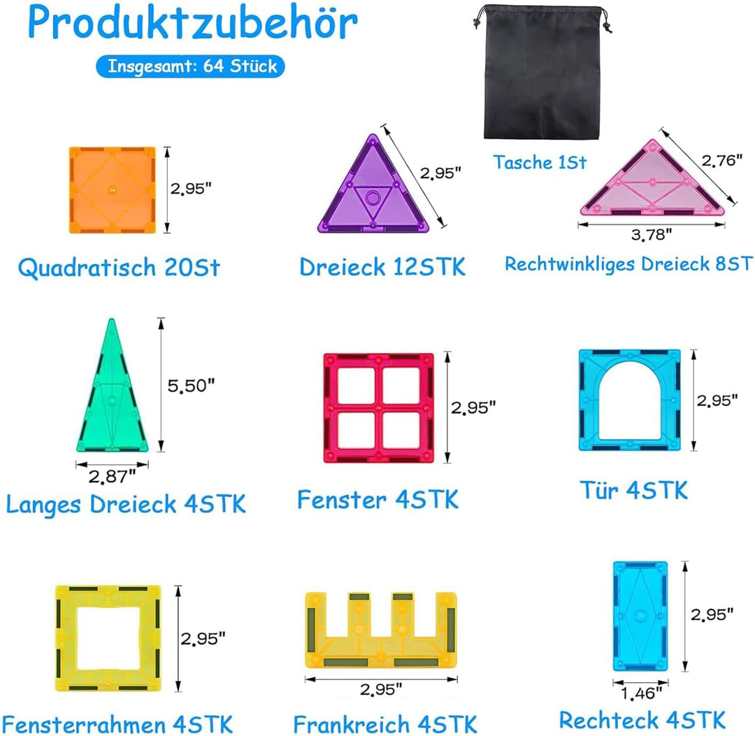 Magnetische Bausteine 64 Teile Magnetspielzeug Magnete Bauklötze Baukasten Kinder Magnetbausteine Pe