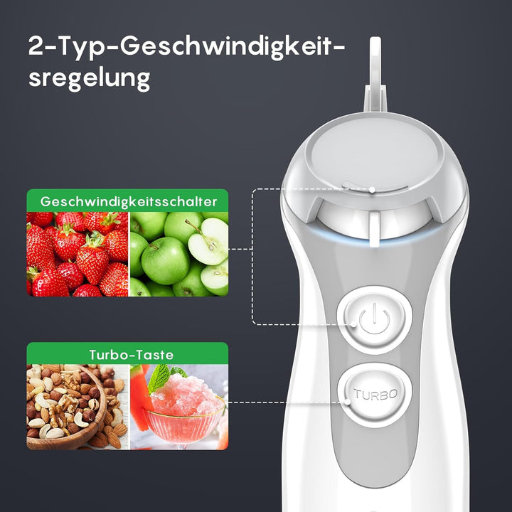 FRESKO 4-in-1 Stabmixer, 1000W Pürierstab Edelstahl, 12 Geschwindigkeiten und Turbo, inkl. 500ml Leb