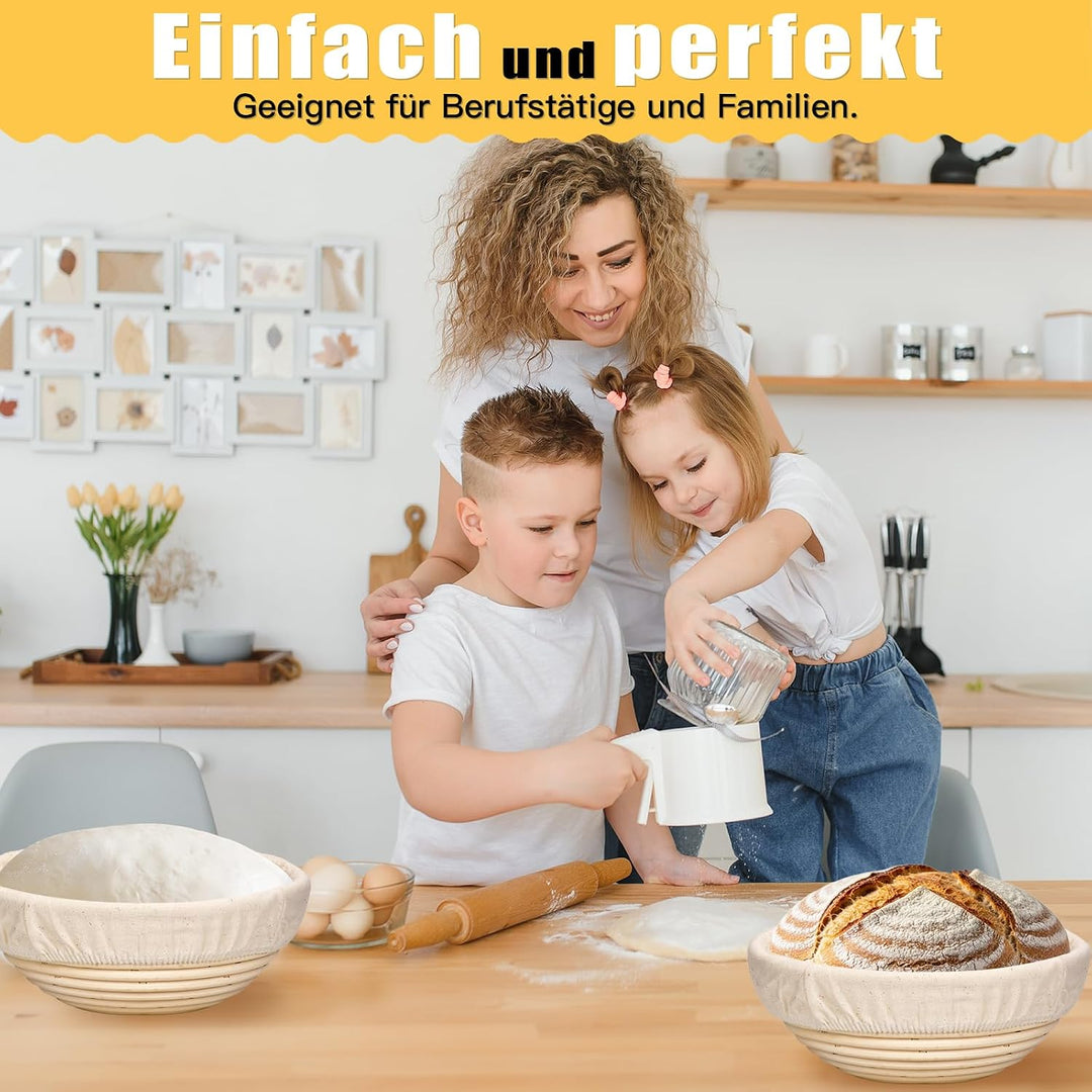 Gärkörbchen Set 3-teilig (23cm) rund, aus hochwertigem Rattan mit Leinen-Einsätzen – Sauerteig Gärko