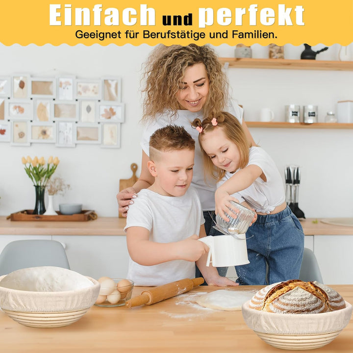 Gärkörbchen Set 3-teilig (23cm) rund, aus hochwertigem Rattan mit Leinen-Einsätzen – Sauerteig Gärko
