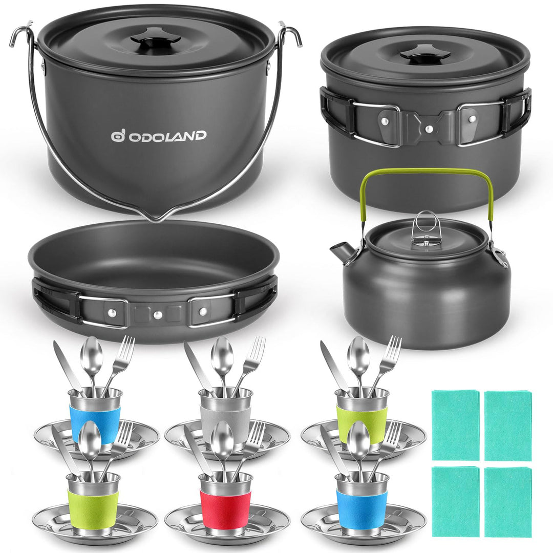 Odoland Camping Geschirr Set, Kochgeschirr für Outdoor Kochen für Camping, Rucksacktourismus, Kochen