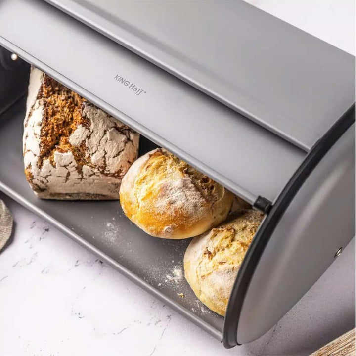 KING HOFF Brotkasten Brotbox Brotbehälter Brotdose aus Stahl (Grau Gross), Grau Groß