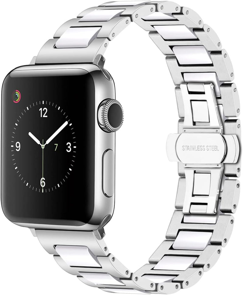 YISIWERA 49mm 45mm 44mm 42mm Armband Kompatibel für Apple Watch Weiss Keramik Silber Metall Armband