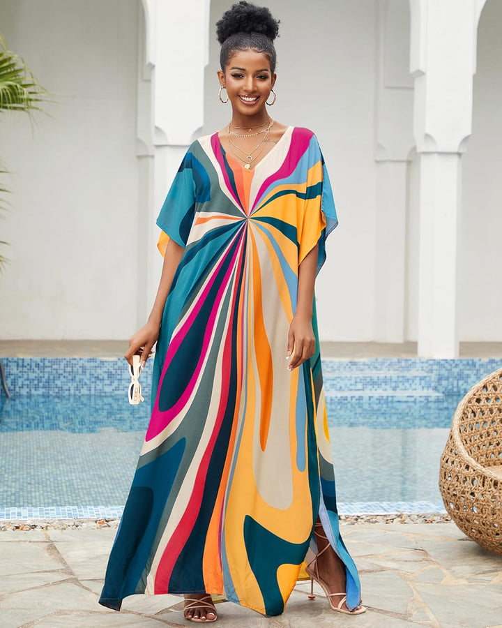 Bsubseach Damen Strandkleid Ethnic Print Kaftan Beach Maxi Kleider Blaue Geometrie, Blaue Geometrie