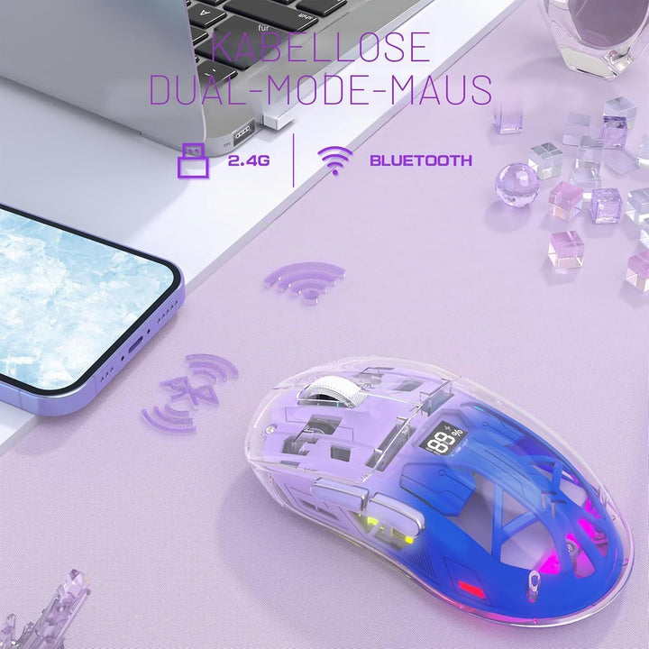 ZIYOU LANG x FREEWOLF Kabellose Gaming Maus, PixArt PAW3212 Dual Mode 2.4G/Bluetooth Transparente RG