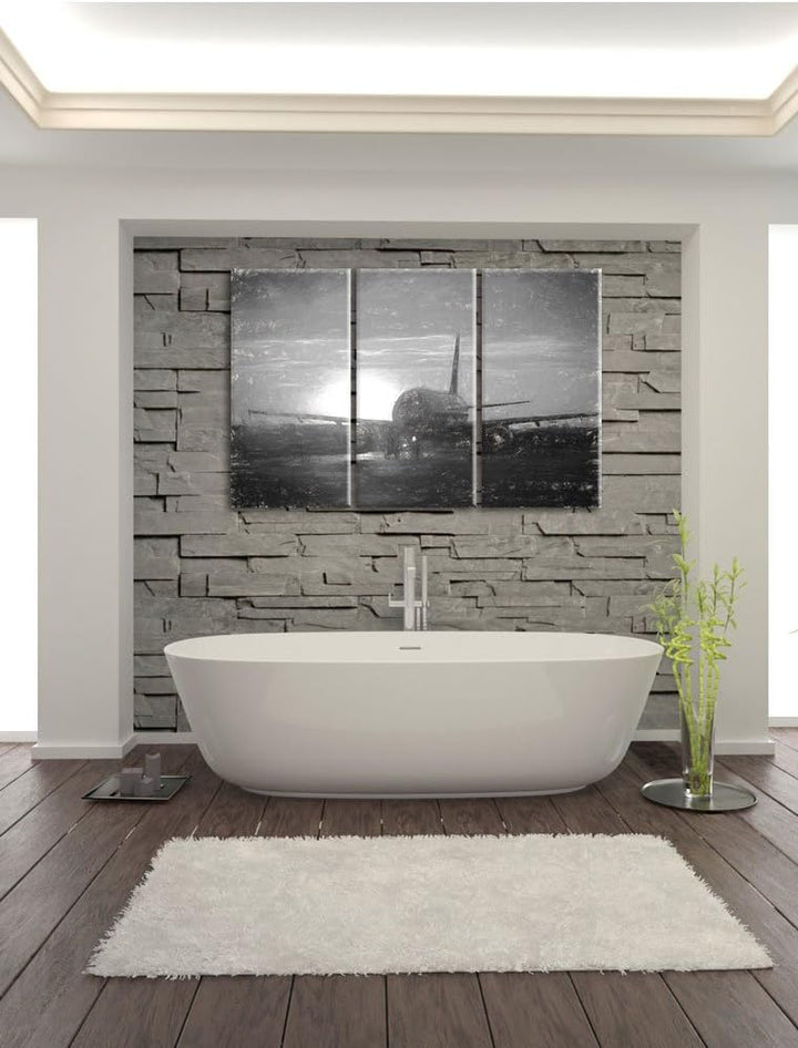 Pixxprint Flugzeug im Sonnenuntergang 3Teiler 120x80 cm Leinwandbild Wandbild Kunstdruck