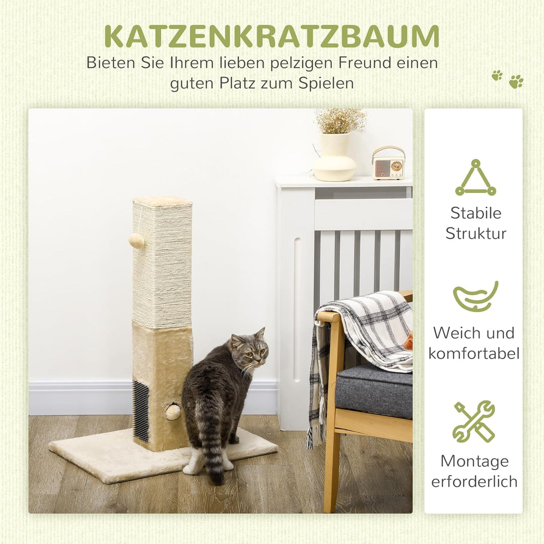 PawHut Kratzbaum 79 cm Hoch Kratzsäule Kratzstamm mit Fellbürsten 2 Spielball, Sisalseil, Katzenkrat