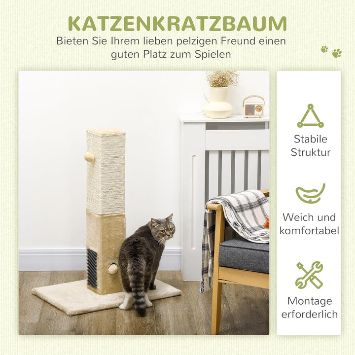 PawHut Kratzbaum 79 cm Hoch Kratzsäule Kratzstamm mit Fellbürsten 2 Spielball, Sisalseil, Katzenkrat
