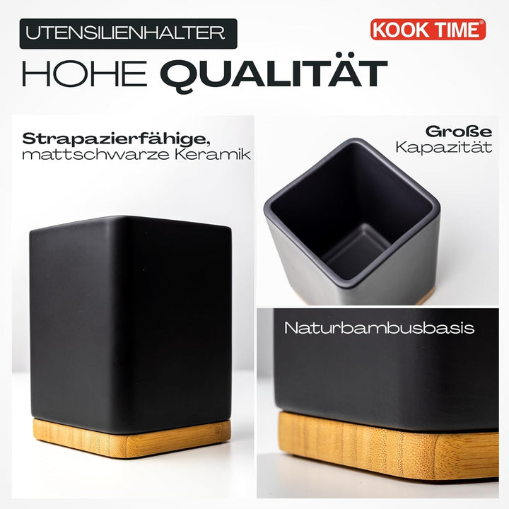 KOOK TIME Küchenutensilienhalter - Utensilienhalter küche aus keramik und Bambus - Quadratischer küc