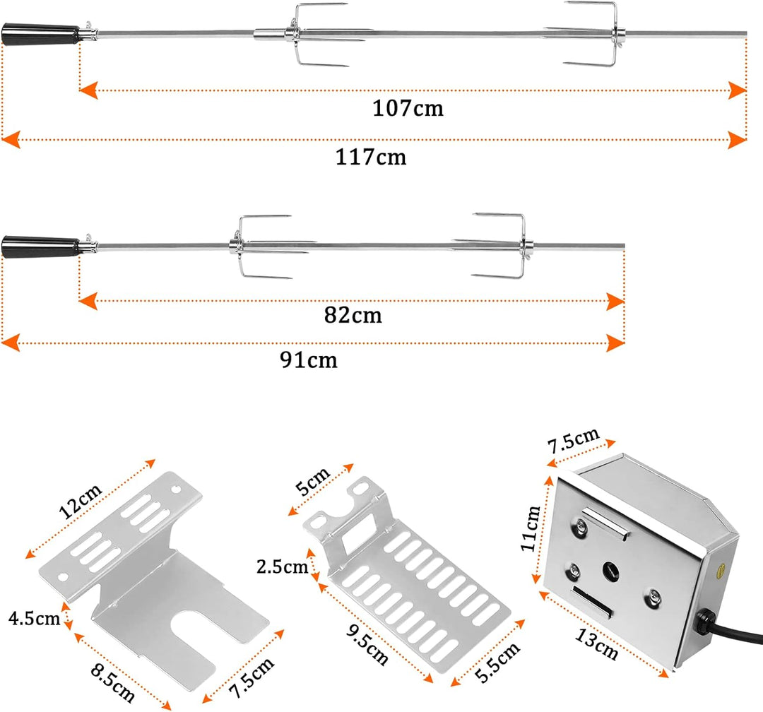 UISEBRT Grillspiess Set 107cm Edelstahl Drehspiess mit Motor, 220V - 240V, inkl. 2X Fleischnadeln El