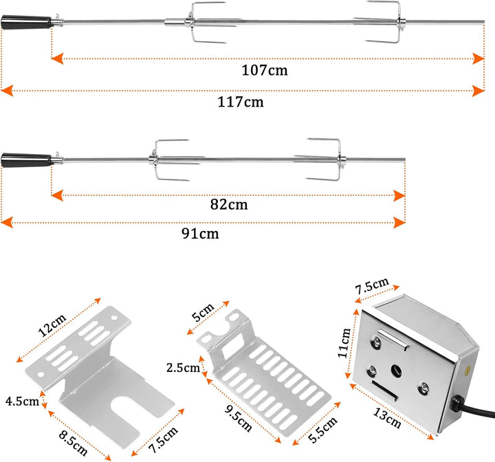 Elektrischer Grillspiess Set 107cm Drehspiess inkl. 2X Fleischnadeln und Edelstahl Motor, 220V-240V,
