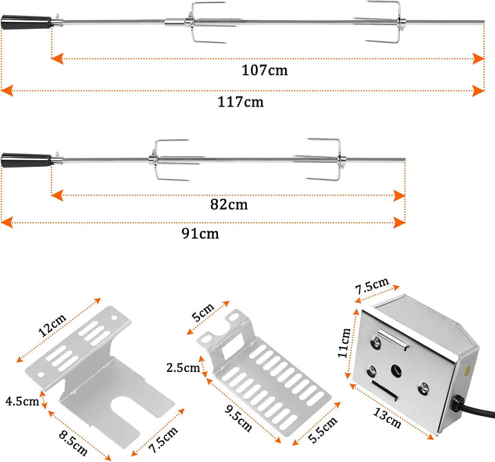 Elektrischer Grillspiess Set 107cm Drehspiess inkl. 4X Fleischnadeln und Edelstahl Motor, 220V-240V,
