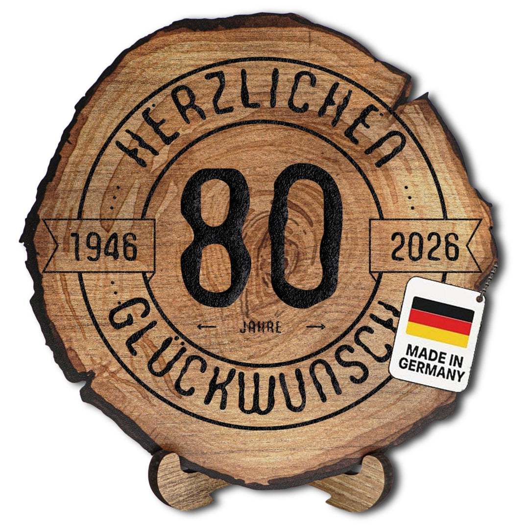 Baumscheibe mit Gravur für 80. Geburtstag – Geburtstags Geschenk aus Holz – Hochwertige Holz Geschen