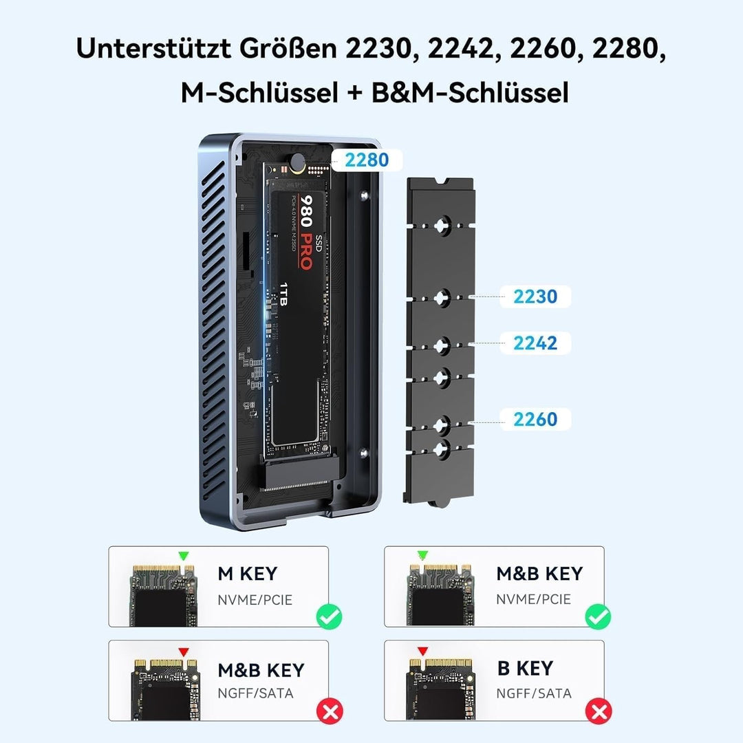 Acasis M2 NVMe SSD-Gehäuse 40 Gbit/s USB C Aluminium NVMe Gehäuse PCIe 2280 M-Key (B+M Key) Solid St