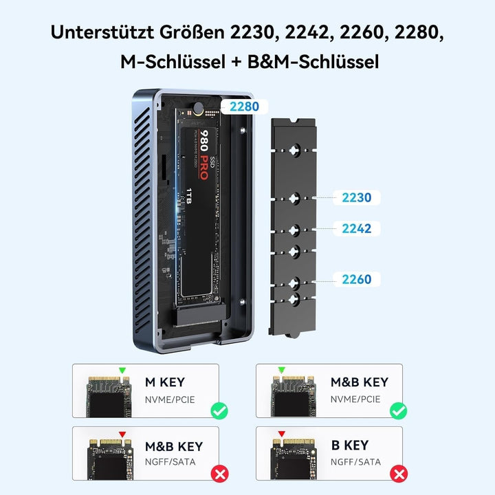 Acasis M2 NVMe SSD-Gehäuse 40 Gbit/s USB C Aluminium NVMe Gehäuse PCIe 2280 M-Key (B+M Key) Solid St