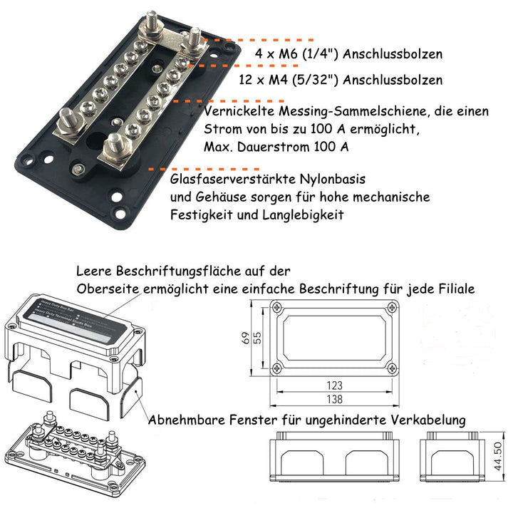 HIMOZEAN 100A Sammelschienenkasten 12V - 48V DC Verteilerschiene Stromverteilungsblock 4X M6 und 12X