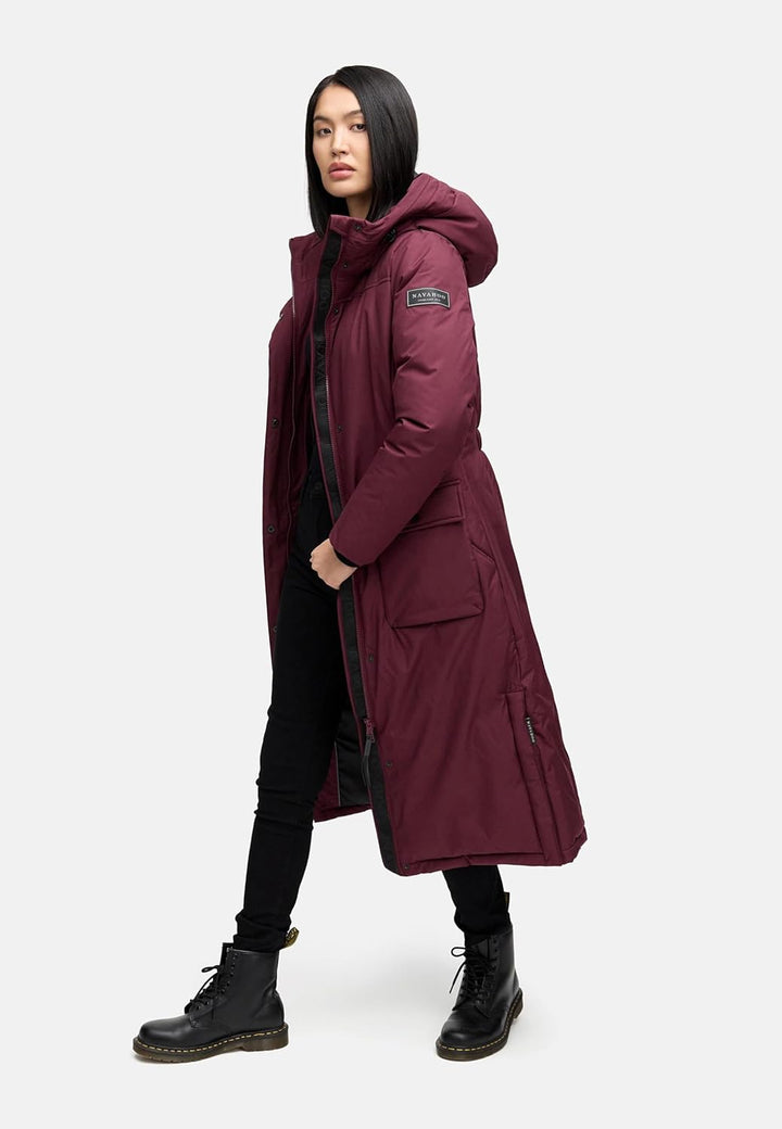 Navahoo Damen Wintermantel warmer Mantel extralang mit Kapuze Wolkenfrost XIV XS-XXL XS Wine, XS Win