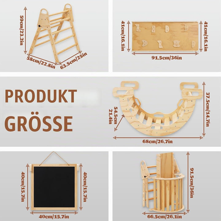 6in1 Montessori Klettergerüst, Klettern Kinder Indoor mit Kletterbogen, Rutsche und Mini Kinder Malt