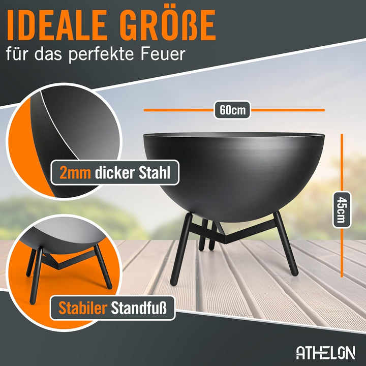 ATHELON® Feuerschale [Ø 60 cm] - wetterfeste Feuerstelle Outdoor aus Stahl für Garten, Terrasse und