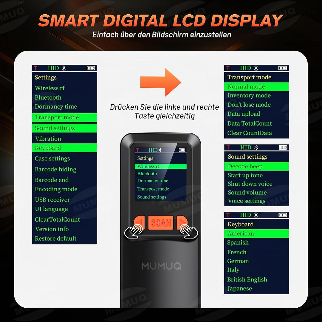 Barcode Scanner Kabelloser Mini 1D/2D QR Code Scanner mit LCD Display | 3-in-1 (BT/2.4G/USB) Konnekt