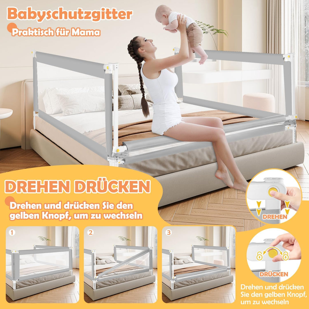 Fiqops Bettgitter Rausfallschutz 150cm Klappbar mit U-förmiger Basis, Bettschutzgitter Kinderbettgit