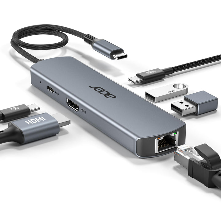 acer USB C HUB Ethernet, mit 4K@60Hz HDMI, 1000Mbps Lan, 1*USB-C + 2*USB-A 5Gbps, Typ-C 100W PD, Mul
