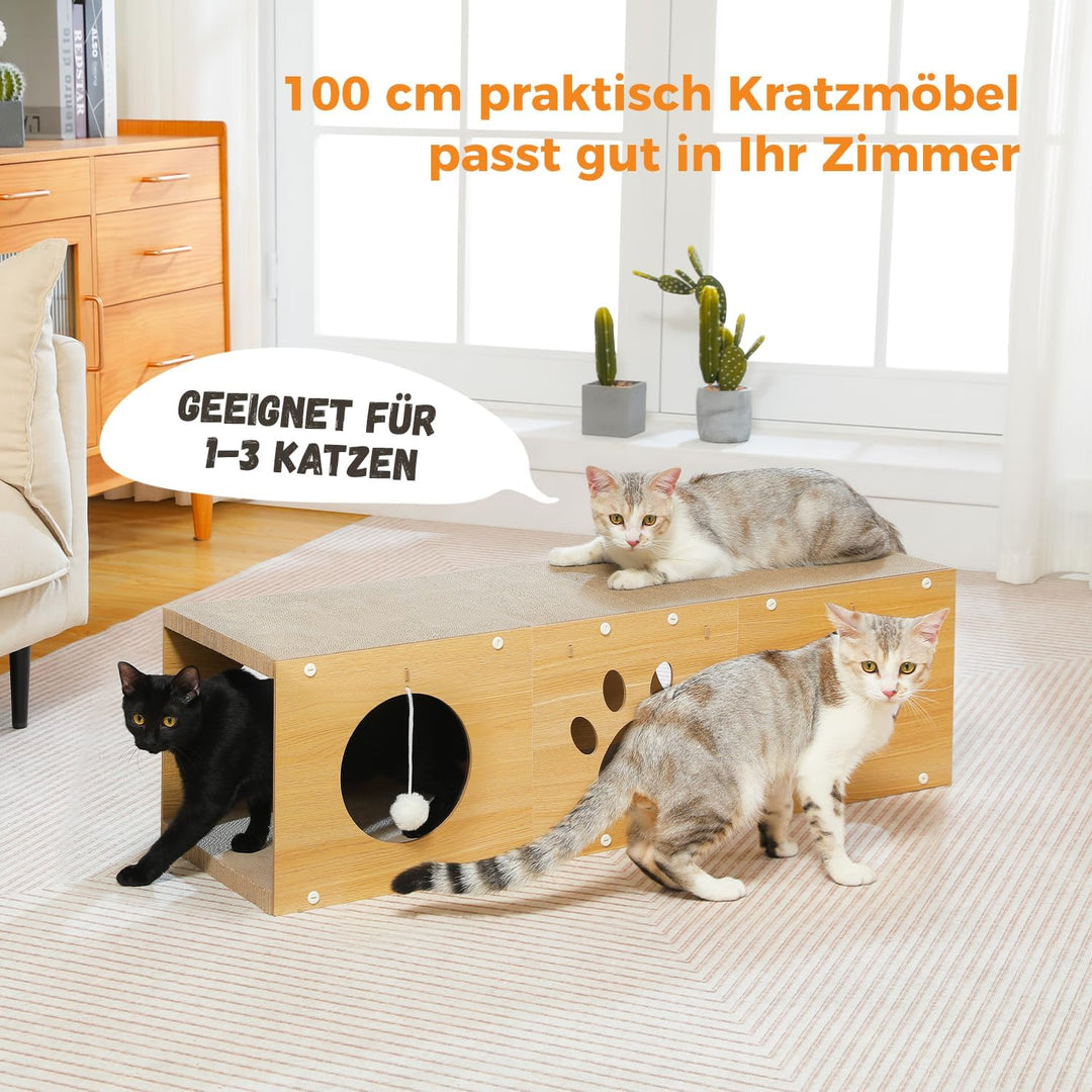 PETEPELA 100cm Kratzbrett für Katzen, hochwertige Kratzpappe mit Spielball als Möbelschutz in Beige