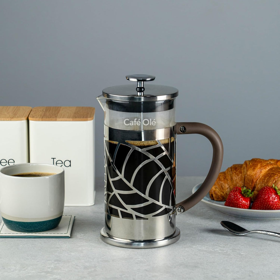 Café Olé Floral Durchsichtiger Kaffeebereiter Kaffeepresse aus Edelstahl 18/10 und Glas 1000 ml 8 Mo