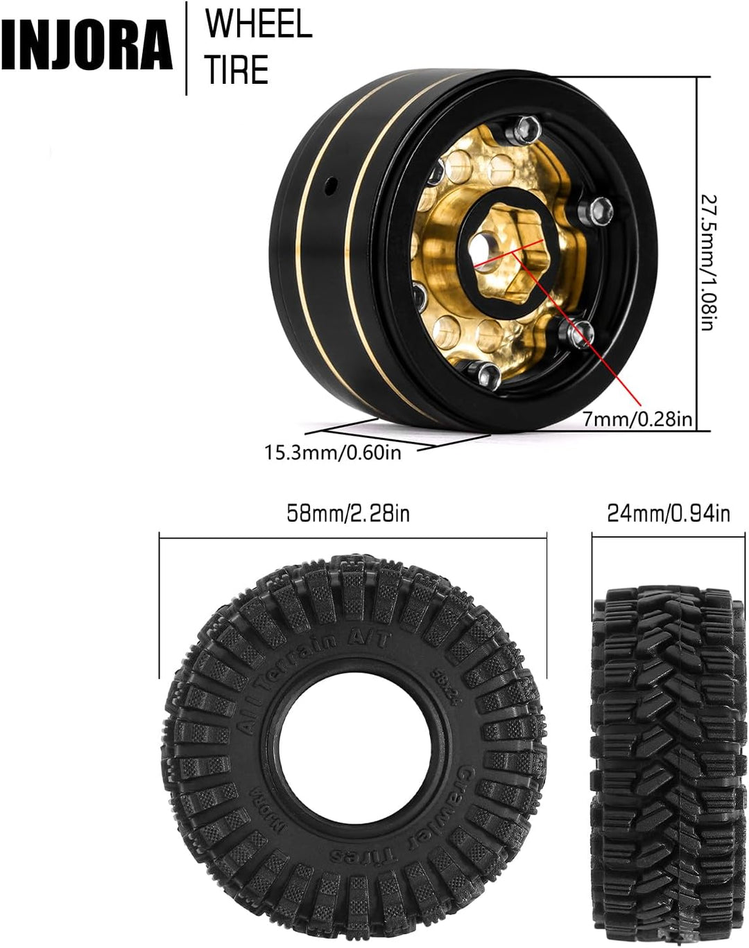 INJORA Schwarze Beschichtung Messing 1.0 Beadlock Rad Reifen Set für Axial SCX24 AX24 TRX4M FCX24 Up