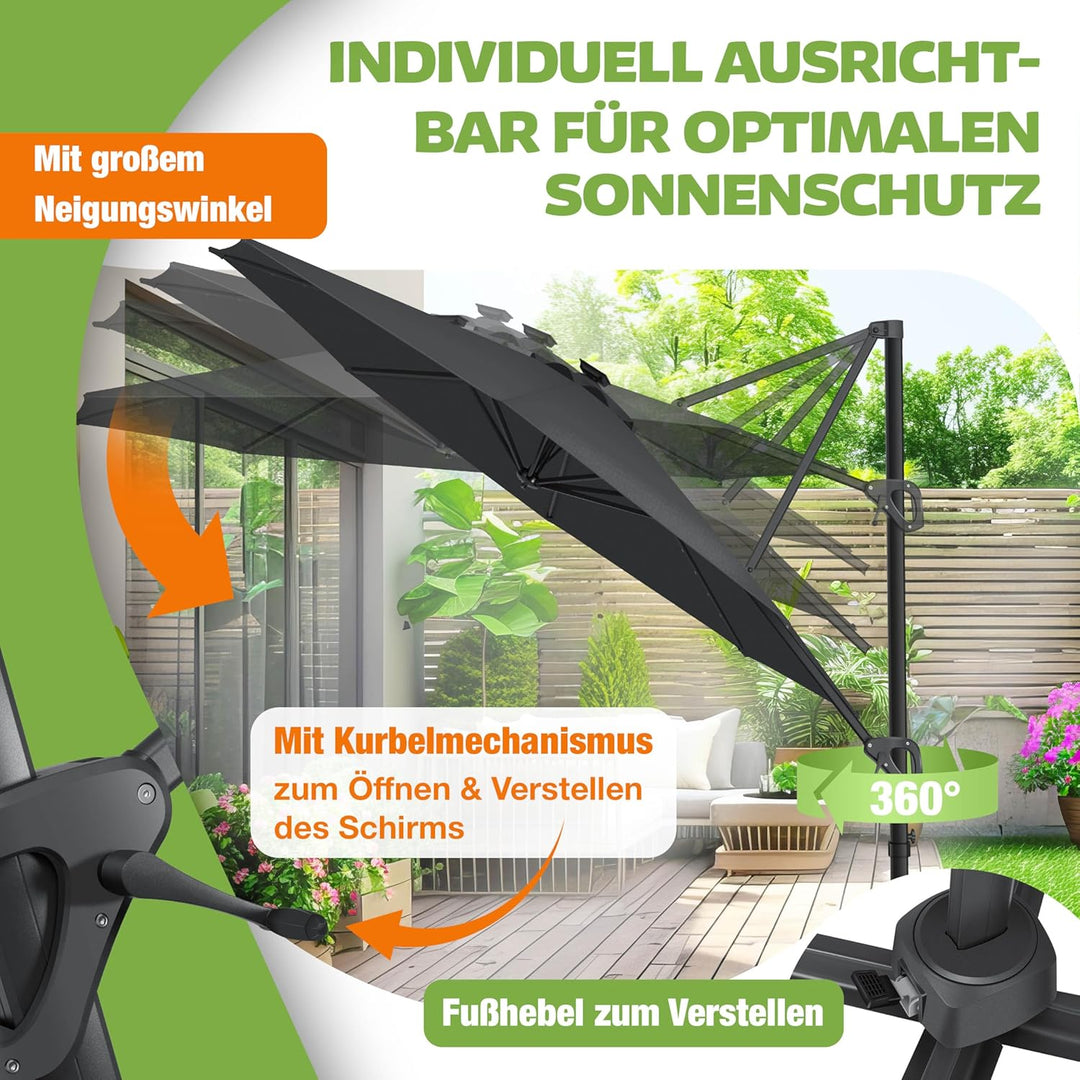 KESSER® Sonnenschirm Ampelschirm Sun Rund XL Ø330 cm Inkl. Abdeckung + Windsicherung 7-Fach Verstell