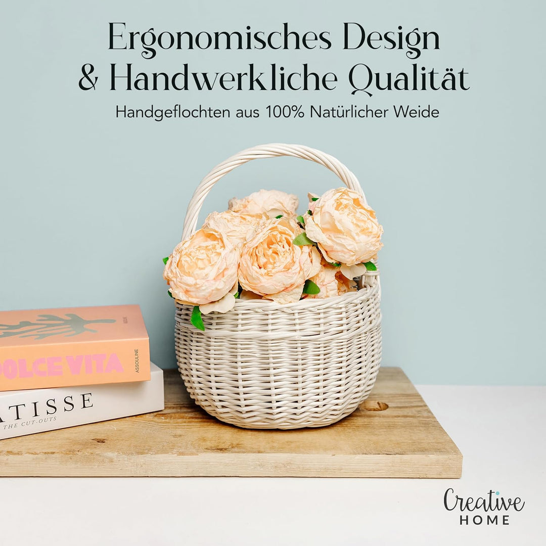 Creative Home Kleiner Weidenkorb Henkel Weiss Rund | Klein 22 x 22 x 26 cm (+/- 2 cm) | Handgeflocht