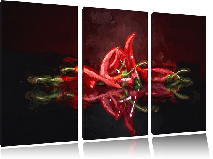 Pixxprint Feurige rote Chili-Choten Kunst Pinsel Effekt 3-Teiler Leinwandbild 120x80 Bild auf Leinwa