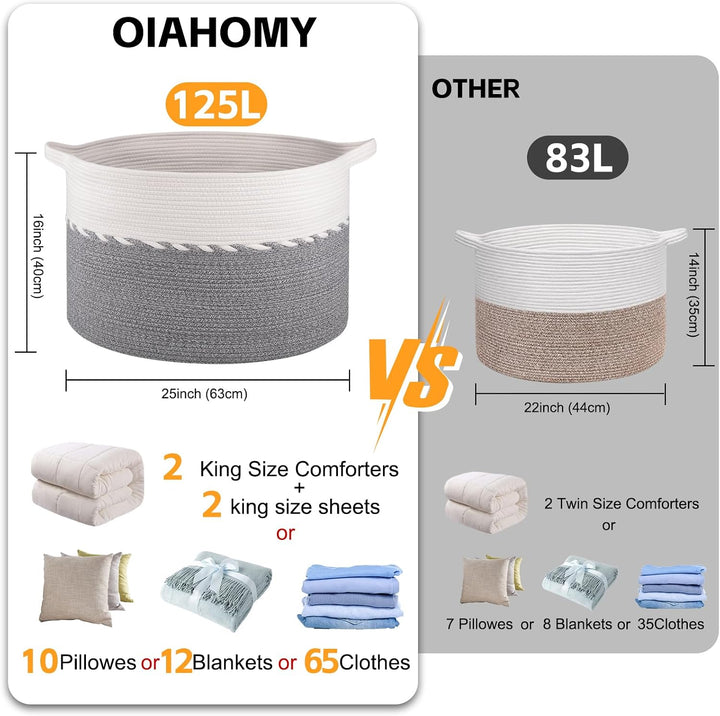 OIAHOMY Extra grosser Korb für Decken, 63,5 x 40,6 cm, Jumbo-Wäschekorb, Baumwollseilkorb mit Griffe