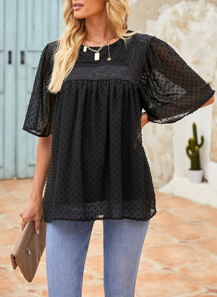 Dokotoo Damen Bluse Elegant Spitzen Chiffonbluse Rundhals Lose Tunika Hemd Frühling Sommer Boho Ober
