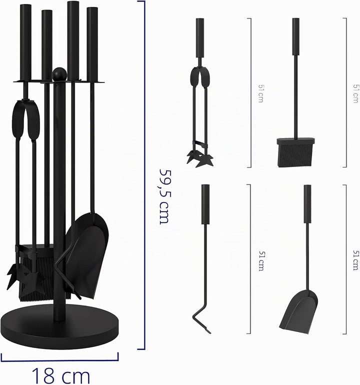 Kingson Kaminbesteck 5-teilig - schwarz pulverbeschichteter Stahl - inklusive Bürste, Schaufel, Schü