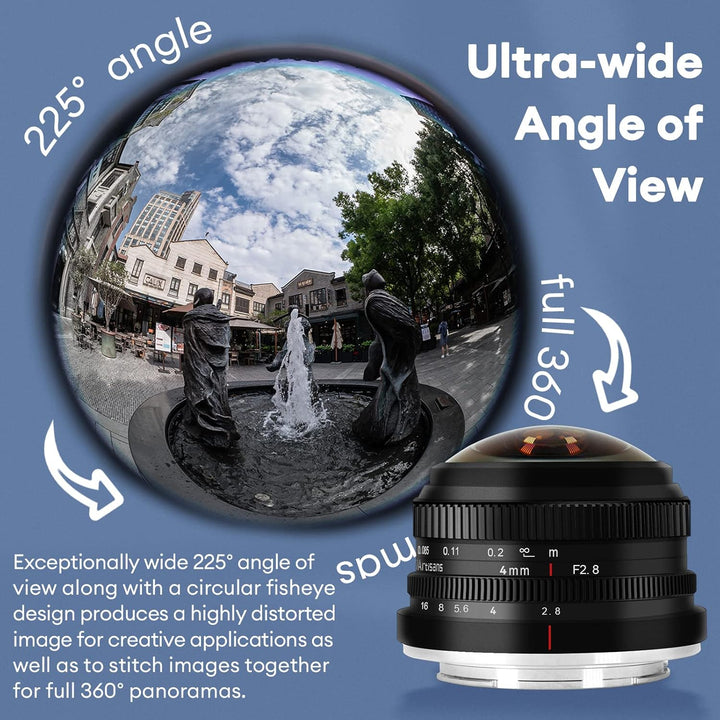 7artisans 4mm F2.8 kreisförmiges Fisheye-Objektiv, 225 ° Ultraweitwinkel, kompatibel mit APS-C Sony