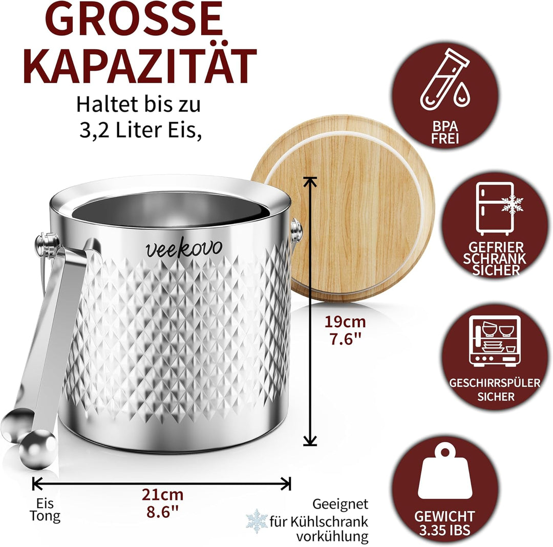 3,2L Eiswürfelbehälter mit Deckel und Schaufel,Edelstahl Eiskübel Doppelwandiger Isolierter,Eisbehäl