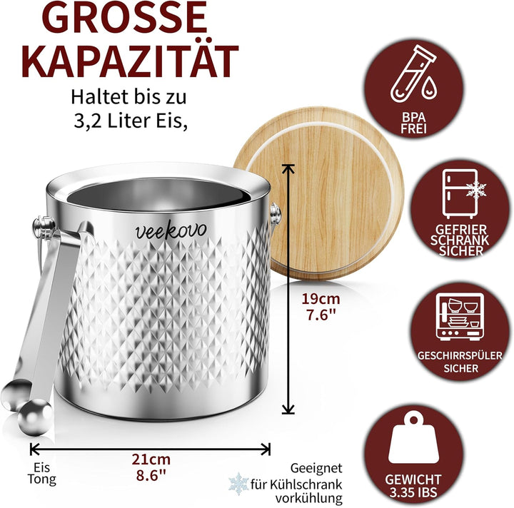 3,2L Eiswürfelbehälter mit Deckel und Schaufel,Edelstahl Eiskübel Doppelwandiger Isolierter,Eisbehäl