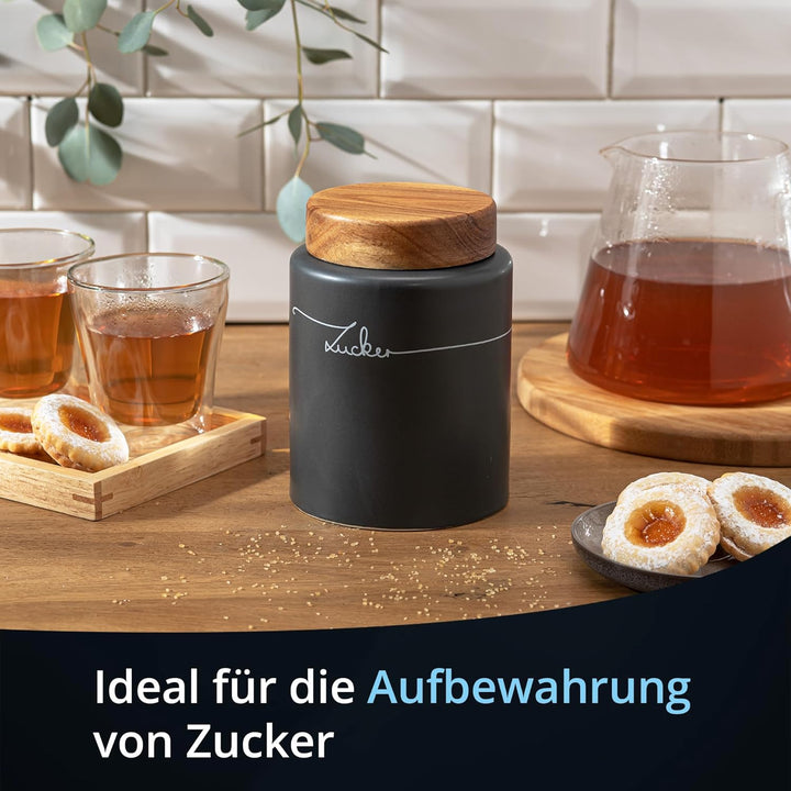 KHG Zucker Aufbewahrung, Zuckerdose Keramik Steingut poliert Anthrazit Grau Holz-Deckel Bambus, Zuck