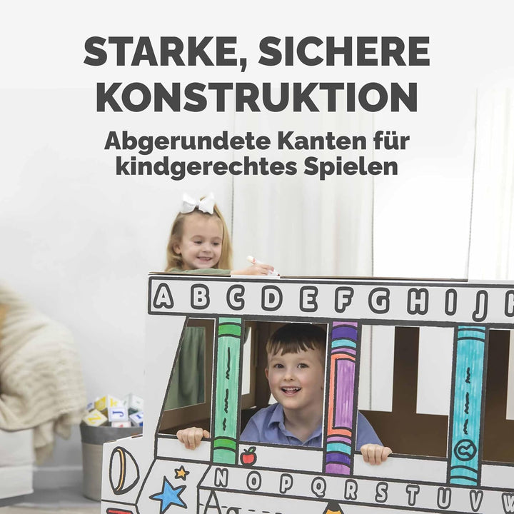 BANKERS BOX Colour-In School Bus Cardboard Playhouse für Kinder (114,3 x 78,74 x 83,82cm) - Craft Ac