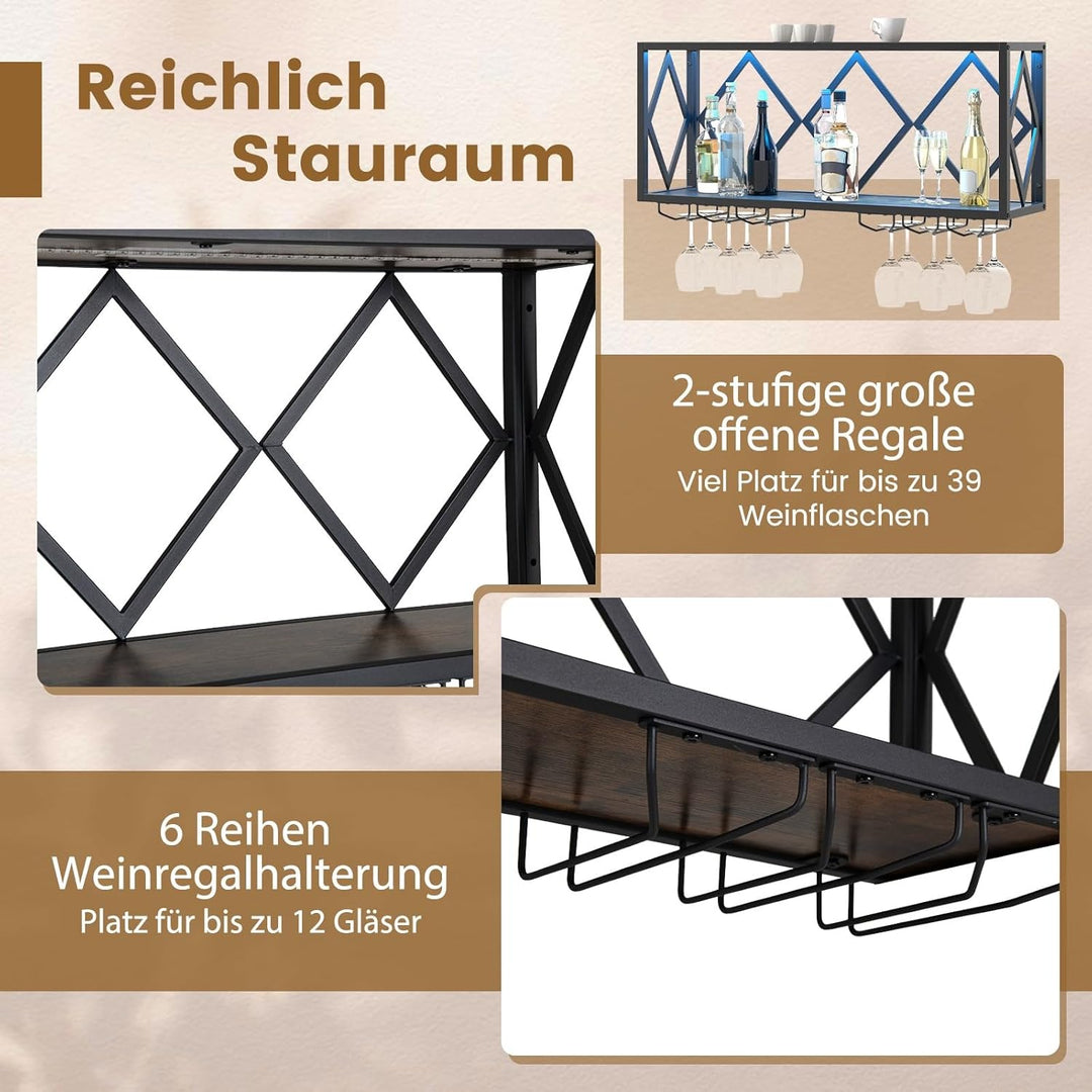 COSTWAY Weinregal Wand mit LED Beleuchtung, 2 Ebenen Flaschenregal Holz mit Metallrahmen, mit 6 Reih