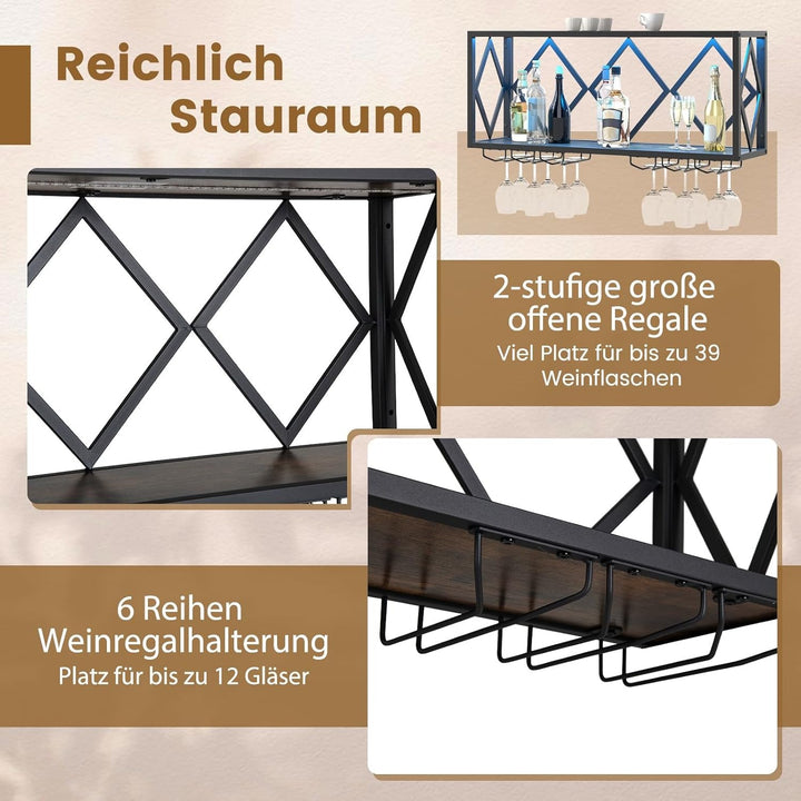 COSTWAY Weinregal Wand mit LED Beleuchtung, 2 Ebenen Flaschenregal Holz mit Metallrahmen, mit 6 Reih
