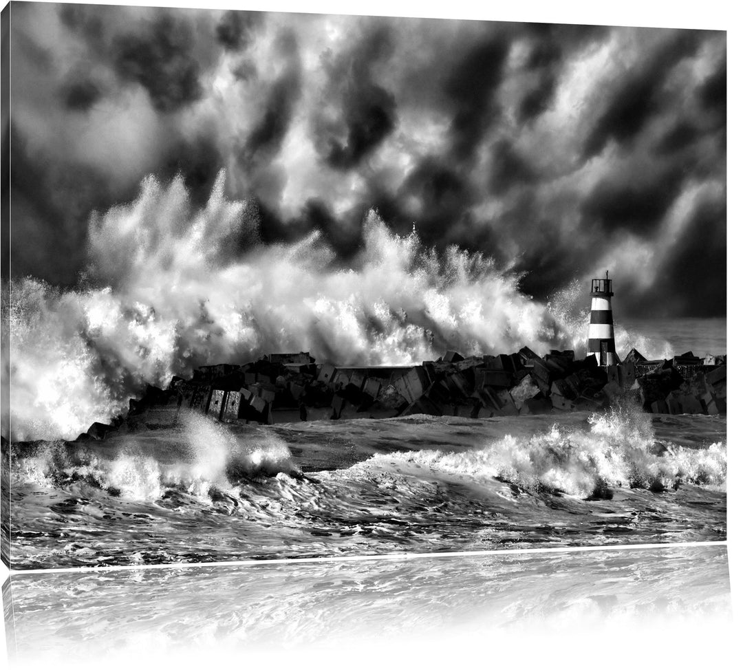 Pixxprint Tobendes Meer mit Leuchtturm / 100x70cm Leinwandbild bespannt auf Holzrahmen/Wandbild Kuns
