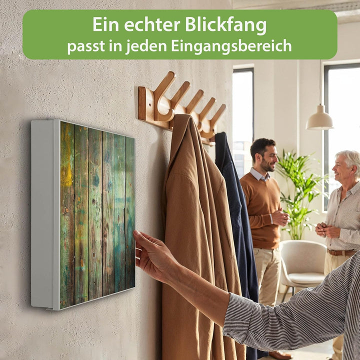 banjado® Grosser Schlüsselkasten Glas/Schlüsselbox 30cm x 30cm mit 50 Haken - Motiv Grünes Holz/Schl