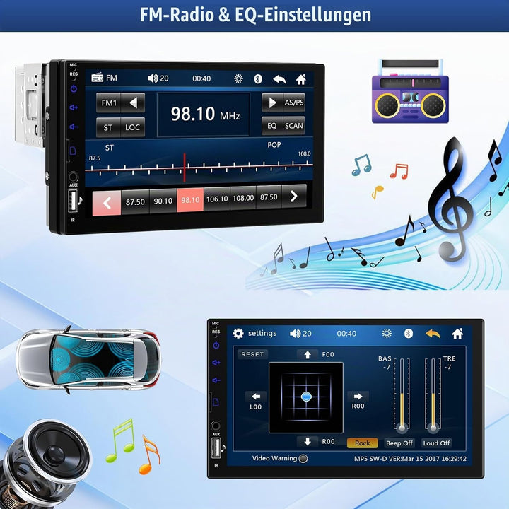 CAMECHO Autoradio Bluetooth 1 Din mit Rückfahrkamera, 7 Zoll Bildschirm Touchscreen Auto Radio mit F