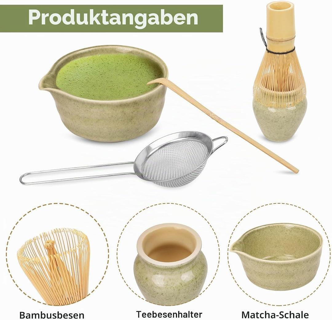 Premium Matcha Tee Set mit Bambusbesen, Keramikschale, Schaufel & Halter - Komplettes Set für Tradit